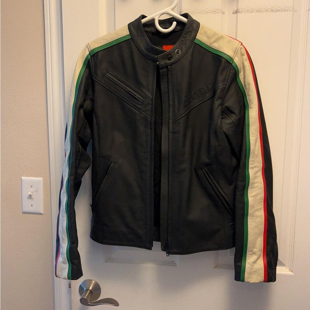 Black Leather Jacket with Multicolor Stripes